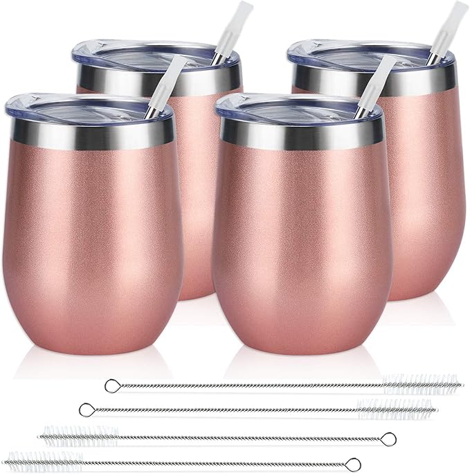 Lifecapido 4 Pack 12Oz Stainless Steel Stemless Wine Glasses, Insulated Wine Tumbler, Stainless Steel Wine Tumbler Cups with Lids and Straws for Coffee, Cocktails, Wine, Champaign, Rose Gold… - Bloomnest