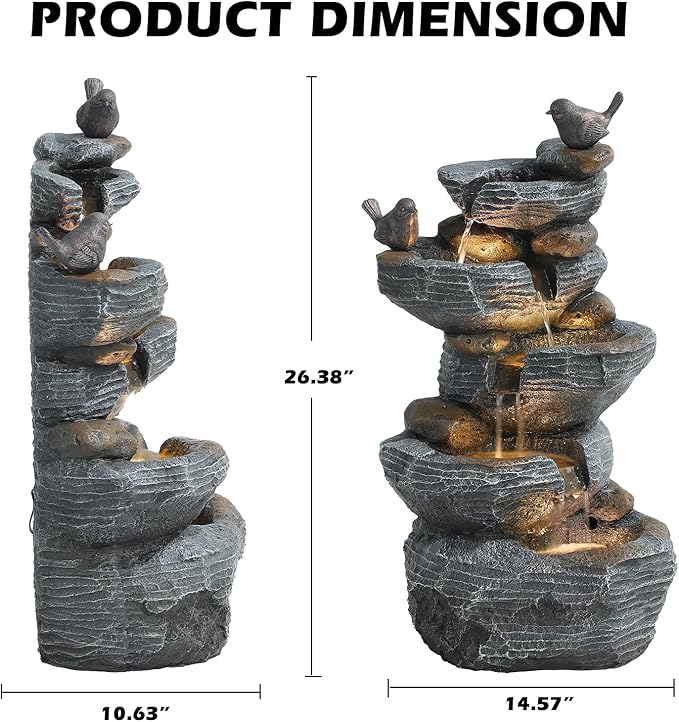 Grepatio Outdoor Water Fountain 5 Tier Cascading Rock Waterfalls Fountains with 4 LED Lights and Pump Indoor/Outdoor Modern Floor Standing Garden Water Fountain for Yard, Patio, House Decor - Bloomnest