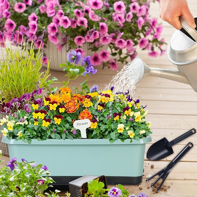 Window Box Planter 6 Pcs, 18 Inches Rectangle Flower Pots with Drainage Holes and Trays, Vegetable Planters for Windowsill Patio Garden Balcony Home Porch Yard Indoor Outdoor (Green, 18*10*6 inch) - Bloomnest