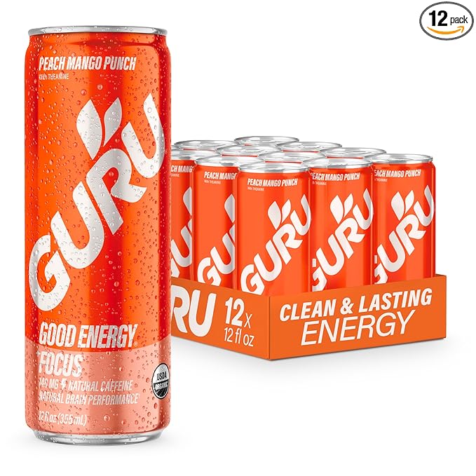 GURU Peach Mango Punch Organic Energy Drinks, Clean Energy Drink with Plant Based Natural Caffeine from Green Tea + Focus with L Theanine, Gluten Free and Vegan, 140MG Caffeine, 12oz (Pack of 12) - Bloomnest