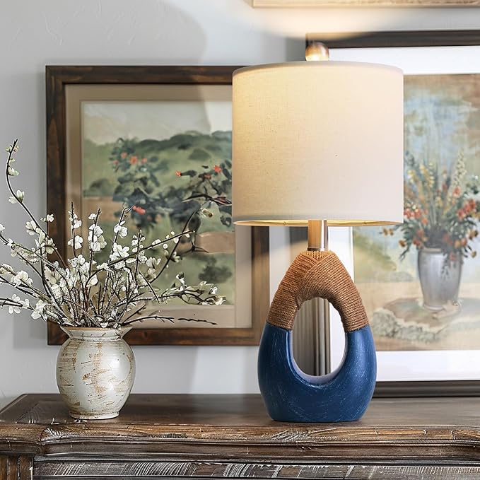 OYEARS 19" Boho Lamp for Bedroom, Bedside for Nightstands, Table Lamp for Living Room,Suitable for Small Space,Coastal Farmhouse, End Table, Rattan Nautical Beach Style, Blue,1 Pack - Bloomnest