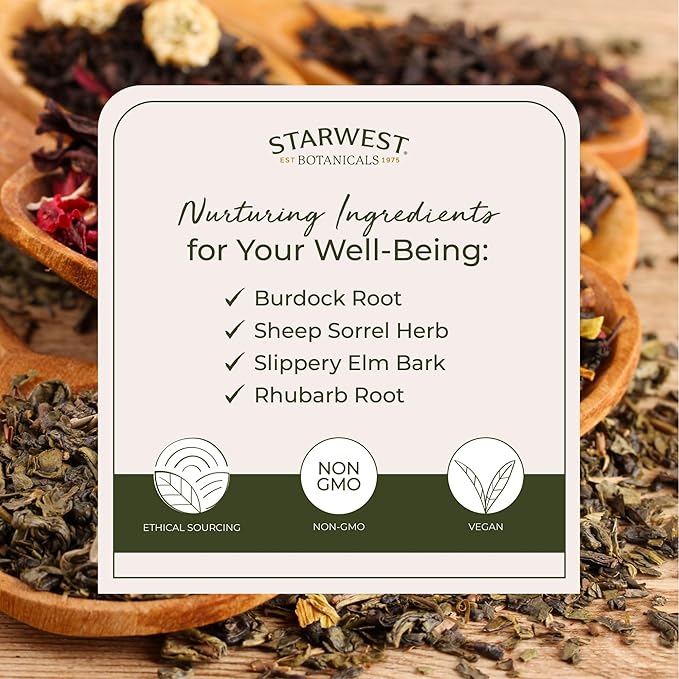 Starwest Botanicals Essiac Tea Organic - Caffeine Free Herbal Blend, Loose Leaf Burdock Root, Slippery Elm Bark, Sheep Sorrel, & Rhubarb, Certified Kosher, Non-GMO - Bulk 1 lb Bag - Bloomnest