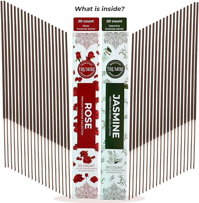 Trumiri Incense Sticks - Combo Pack of 40 Insence-Sticks - 20 Rose + 20 Jasmine - Insenses - Insents - Incents - Inscense - Incence - Incienso - All Natural Incense Sticks TRUMIRI