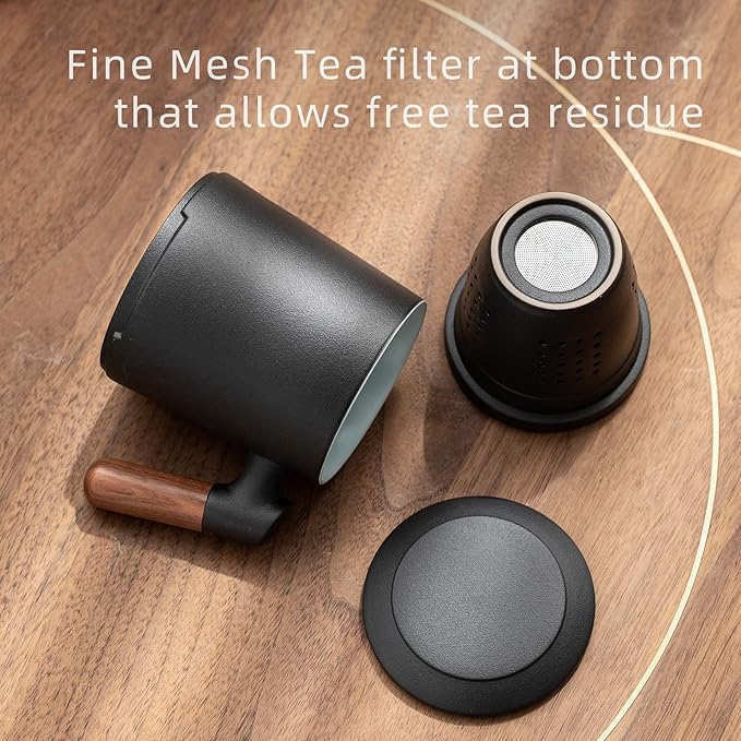 ZENS Tea Cup with Infuser and Lid for Loose Leaf Tea Steeper, 12oz Black Ceramic Tea Mug with Wood Handle for Tea Lovers Gifts