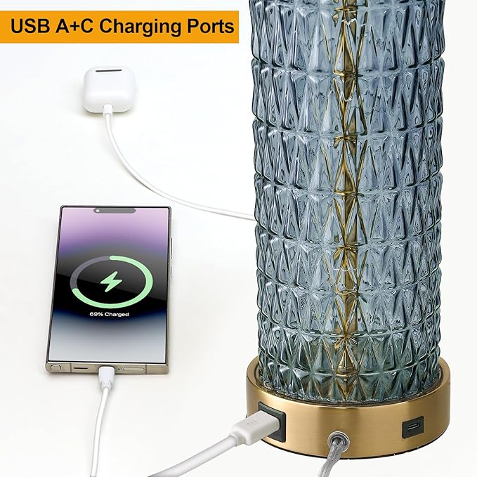 Oneach 27.75” Table Lamps Set of 2, Blue Modern Bedside Lamp with LED Night Light, USB A+C, Glass Lamps for Living Room, Bedroom, Nightstand, Office, End Table (2 Bulbs Included) - Bloomnest