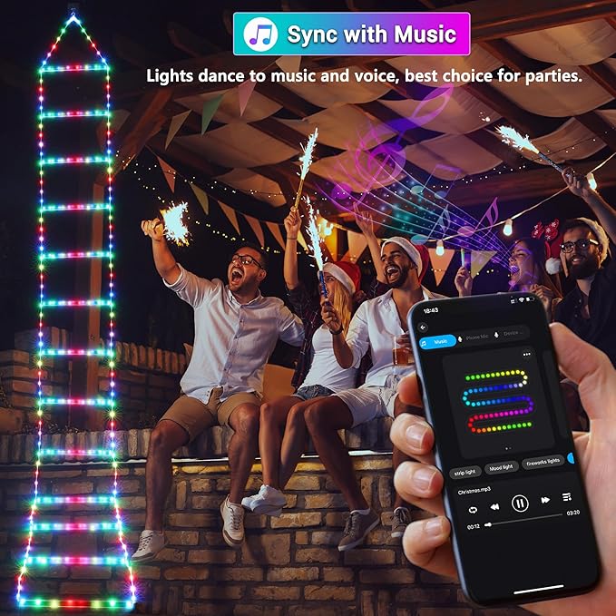 Toodour Outdoor Christmas Decorations Lights, Smart RGB Christmas Lights with Bluetooth & App Controlled, 10ft LED Ladder Light, Music Sync Color Changing Xmas Light for Home, Wall, Indoor Decor - Bloomnest
