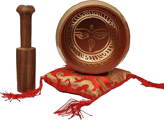 Tibetan Singing Bowl Set By Dharma Store - With Traditional Design Tibetan Buddhist Prayer Flag - Handmade in Nepal (Red) Dharma+Store