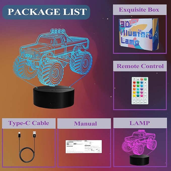Monster Truck Night Light, Monster Truck Gifts, 3D Illusion Lamp with Remote Control, 16 RGB Colors, 4 Flashing Modes, Timer, Dimmable, Kids Room Decoration for Holiday Birthday Christmas - Bloomnest