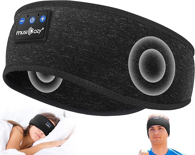 MUSICOZY Sleep Headphones Bluetooth 5.4 Headband, Wireless Earphones Music Sleep Earbuds Sleeping Eye Mask with HD Stereo Speakers for Workout Running Travel Yoga, Ideal Gifts (Double-Sided Black) - Bloomnest