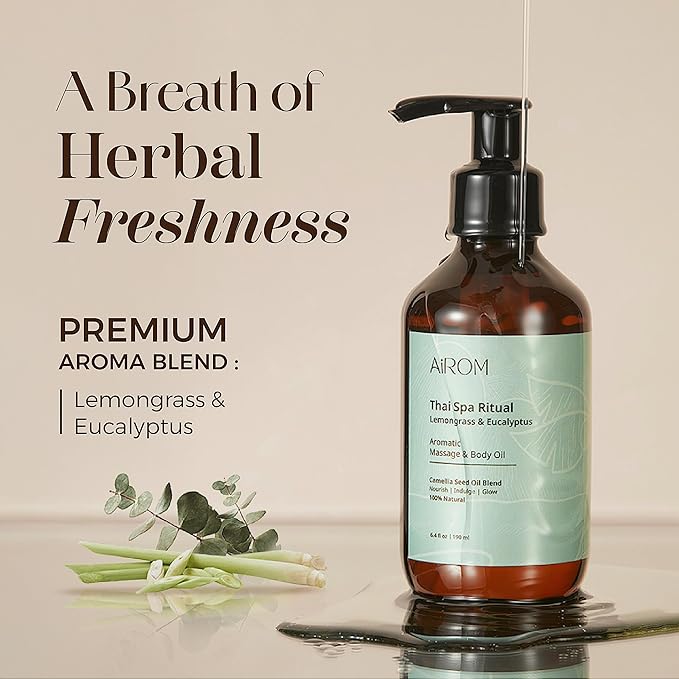 AiROM Lemongrass & Eucalyptus Massage Oil for Massage Therapy – Thai Spa Ritual - Scented Body Oil for Women – Hypoallergenic, Relaxing Aromatherapy, Non-Greasy, Nut-Free - 6.4 fl oz - Bloomnest