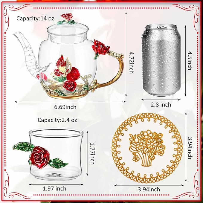 7 Pcs Floral Glass Tea Set Women Christmas Teapot Set for Adults Glass Tea Gift for Mom Party Mother's Day Birthday, Fancy Pot Cups with Gift Box(Red) - Bloomnest