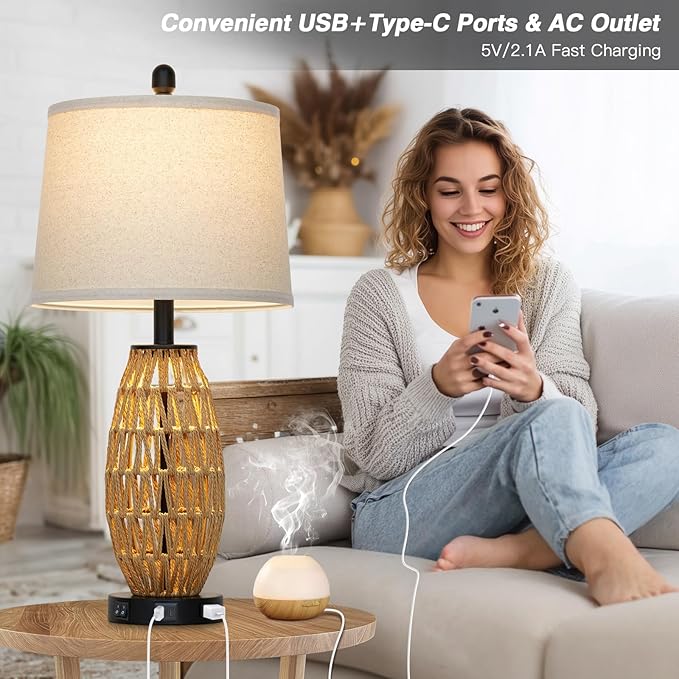 27" Rattan Table Lamps Set of 2, Boho Bedside Lamp for Bedroom with Night Light, Coastal Woven Wicker Nightstand Lamps with USB A+C Charging Port & AC Outlet, Tall Farmhouse Living Room Lamp - Bloomnest