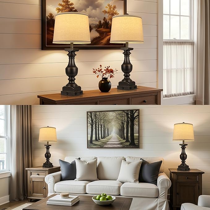 28'' Farmhouse Bedside Lamps Set of 2, Black Gold Table Lamps for Nightstand, Desk Lamps with Linen Shades, Table Lamps with USB A+C Port, Nightstand Lamps for Bedroom, Rocker Switch, Bulb Included - Bloomnest