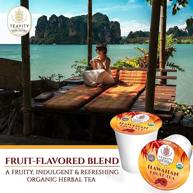 Organic Hibiscus Sabdariffa Tea Pods with Peach, Mango, & Passionfruit - Naturally Decaf Tea - Hawaiian Fruit Tea by Teavity (24 Tea Pods) - Bloomnest
