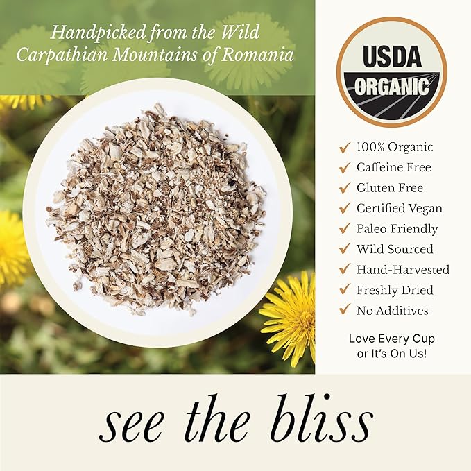 Wild Bliss Organic Wild Raw Dandelion Root Tea - Pharmacopoeia Quality Caffeine Free Herbal Detox Support - 25 Plant Based Tea Bags - Bloomnest