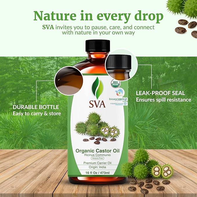 SVA Castor Seed Oil Organic - 16 Fl Oz – 100% Natural Cold Pressed Organic Castor Oil - for Face, Skin Care, Hair Care, Scalp Massage & Body Massage with Pump - Bloomnest