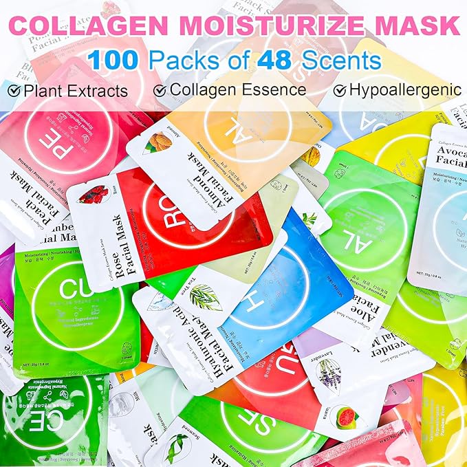 VESPRO 100 Pack Collagen Essence Sheet Facial Masks, Bulk Face Masks Skincare, Hydrating Face Masks for All Skin Types, Moisturizing and Soothing, Skin Care Spa Face Mask - Bloomnest
