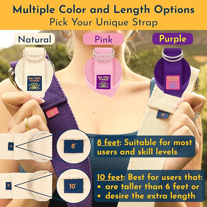 Adaptive Yoga Strap, Stretching Strap, 2 Inches Wide, 100% Naturally Soft Cotton, Steel D-Rings, Includes Natural Cotton Drawstring Storage Pouch and Instructional E-Book - Bloomnest