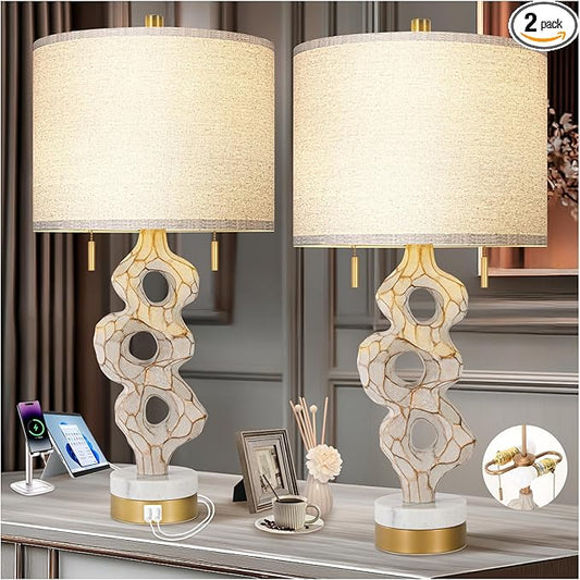 Scenekoy Sculptural Table Lamp Set of 2 for Bedroom, 26” Farmhouse Bedside Lamps for Living Room, Rustic Linen Shade Night Stand Lamp Marble Base with USB Ports for Home Decor (E26 Bulbs Included) - Bloomnest