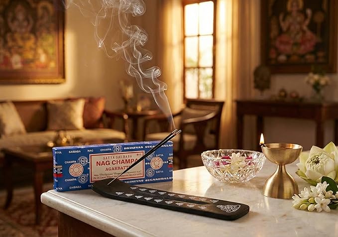 Wooden Holder with Nag Champa 250 GMS Incense Gift Set with Wooden Holder Hand-Rolled Agarbatti | Long-Lasting Floral Aroma for Pooja, Meditation & Home Fragrance Guruji+Divinity