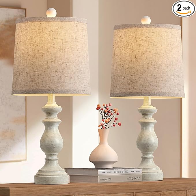 PARTPHONER Traditional Table Lamp Set of 2, Rustic Farmhouse Table Lamps for Living Room Bedroom, 22" Bedside Desk Lamps Vintage Nightstand Lamps with Linen Shades, Antique White - Bloomnest