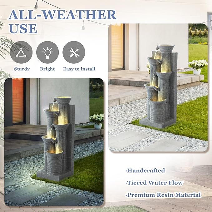 Grepatio Garden Water Fountain, 5 Tier Outdoor Cascading Waterfalls Fountains with LED Lights and Pump Indoor Modern 24" H Floor Standing Water Fountain for Garden, Patio, House Decor (Light Grey) - Bloomnest
