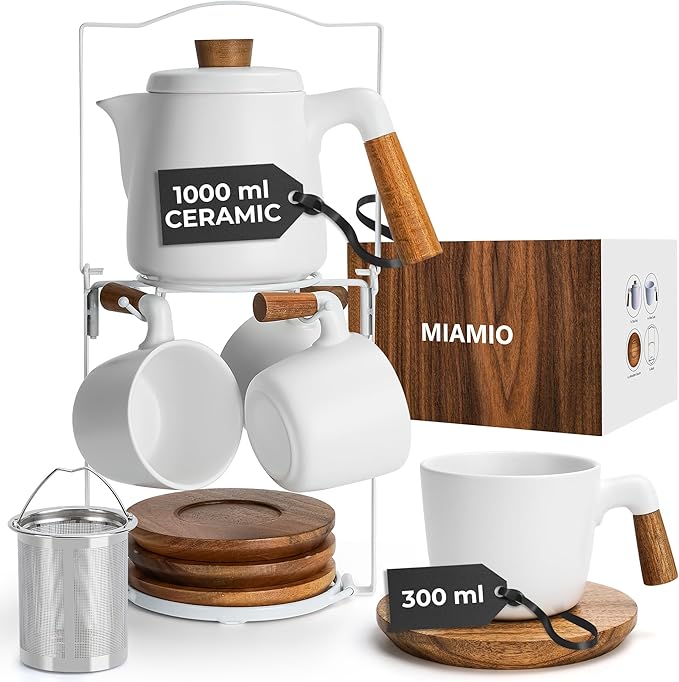 MIAMIO – 34 Oz Ceramic Tea Pot Set with Infuser and Cups/Tea Strainer, 4 Ceramic Tea Mugs (10 Oz), Bamboo Saucers/Handle for Home and Office (White) - Bloomnest