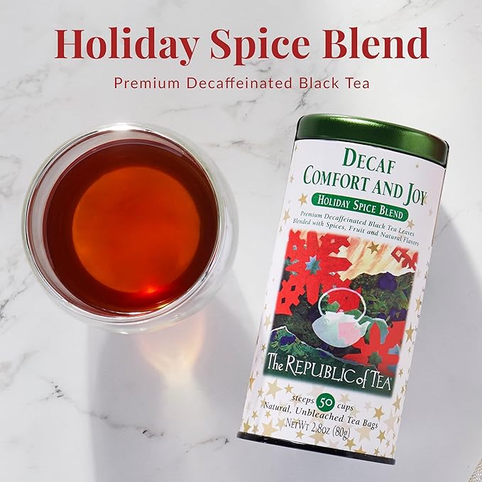 The Republic of Tea – Decaf Comfort and Joy Tea Tin, Decaffeinated, 50 Tea Bags - Bloomnest