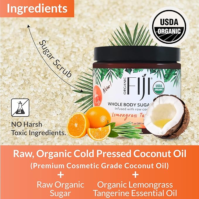 Organic Fiji Whole Body Scrub - Infused with Coconut Oil, Exfoliating Sugar Scrub for Smooth and Soft Skin, Exfoliates & Restores Skin's Natural Biosphere, Lemongrass Tangerine 20 oz