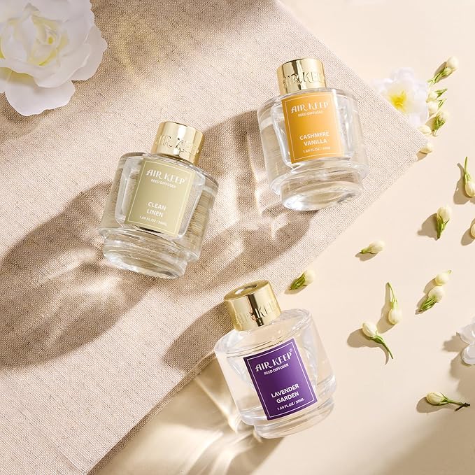 Airkeep Reed Diffuser Set of 3,Clean Linen Cashmere Vanilla Lavender Garden Oil Reed Diffusers for Bedroom Living Room Office Aromatherapy Oil Reed Diffuser for Gift 50ml x 3 - Bloomnest