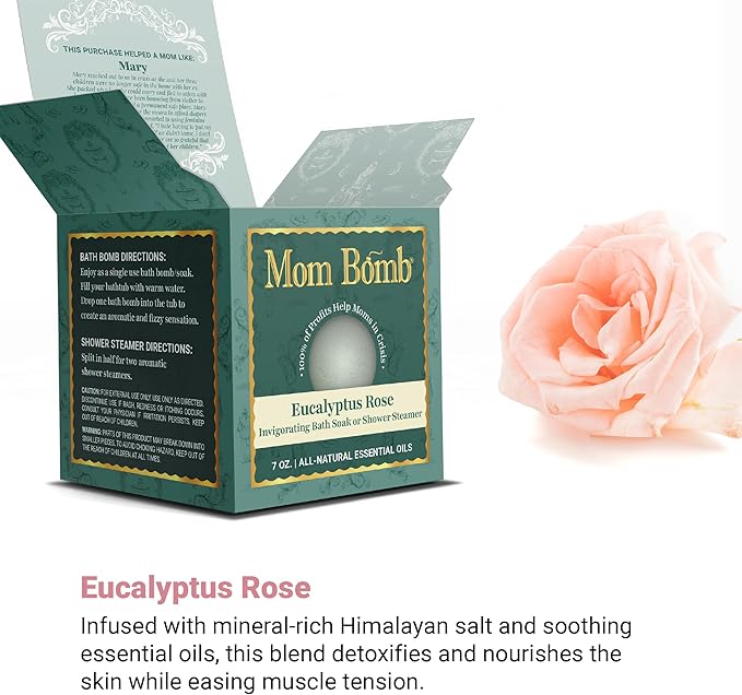 Mom Bomb Eucalyptus Rose Bath Bomb – Essential Oils, Clean Ingredients – Relaxing Aromatherapy Fizz, Skin-Softening – Made in USA - Gift for Women 7 Ounce - Bloomnest