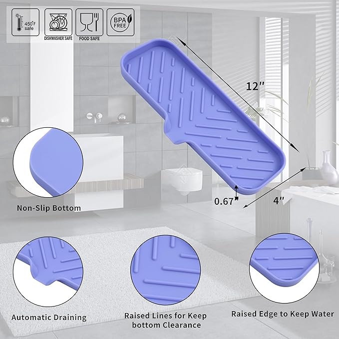 Silicone Bathroom Soap Dishes with Drain Spout-Bathroom and Kitchen Sink Organizer,Sponge Holder,Dish Soap Tray,Perfect for Dispenser,Scrubber,Bottle on Sink or Counter-Light Purple 12"×4" - Bloomnest