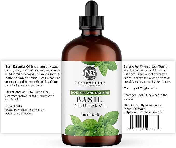 NaturoBliss 100% Pure Basil Essential Oil Therapeutic Grade Premium Quality (4 fl. oz) with Glass Dropper, Perfect for Aromatherapy - Bloomnest