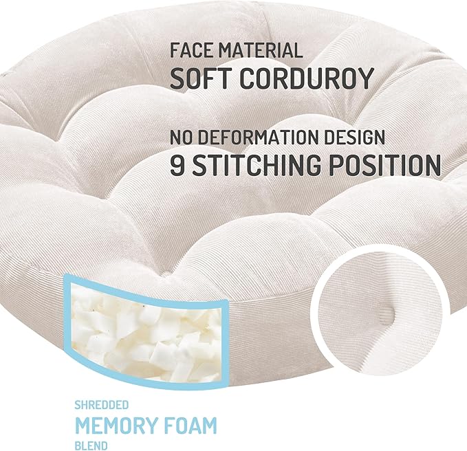 Meditation Floor Pillow Set of 2, Round Large Pillows Seating for Adults, Tufted Corduroy Cushion for Living Room Tatami, Beige 22 Inch
