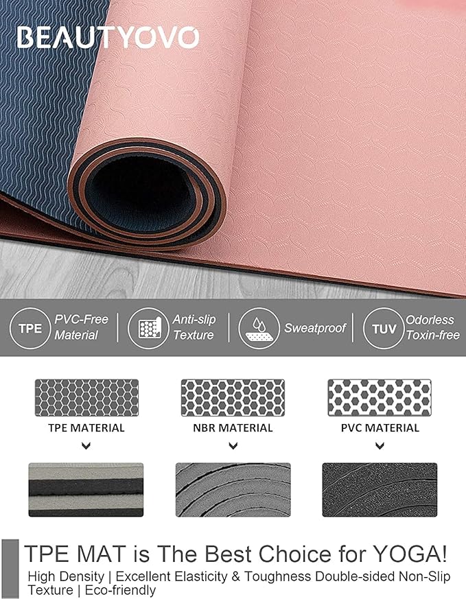 BEAUTYOVO Yoga Mat with Strap, 1/3 Inch Extra Thick Yoga Mat Double-sided Non Slip, Professional TPE Yoga Mats for Women Men, Workout Mat for Yoga, Pilates and Floor Exercises - Bloomnest