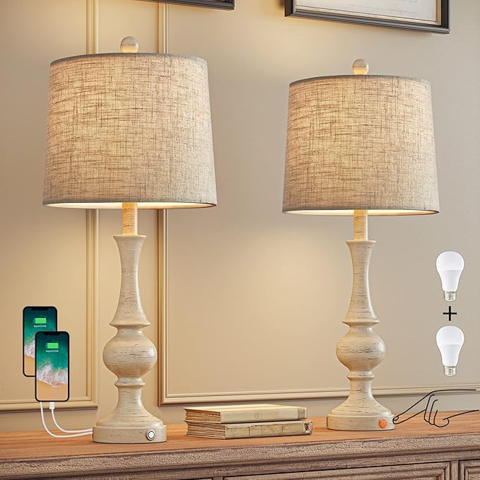 Oneach 24.5 inches 3 - Way Dimmable Touch USB Farmhouse Table Lamps Set of 2 for Living Room Bedroom Rustic Bedside Nightstand Lamp with USB Ports 2 Bulbs Included - Bloomnest