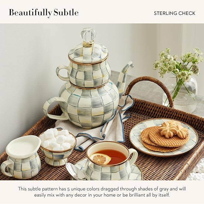MACKENZIE-CHILDS Enamel High-Tea Teapot, Cup, and Lid, Cute Teapot and Teacup Combo, Gray-and-White Sterling Check - Bloomnest