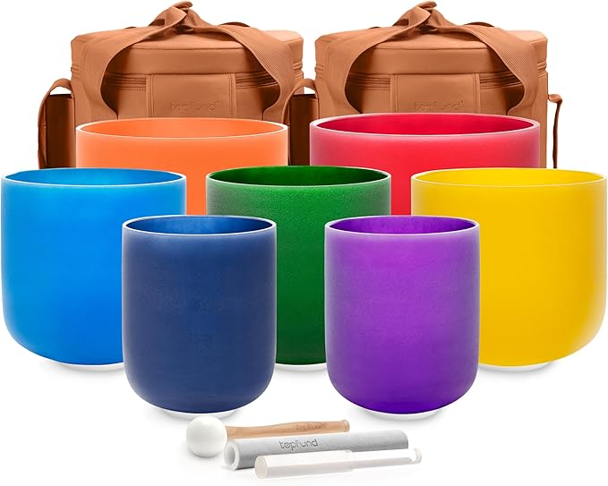 TOPFUND 432 Hz Chakra Set of 7 Color Crystal Singing Bowls 6-10 inch with Heavy Duty Carrying Cases and Singing Bowl Mallets - Bloomnest