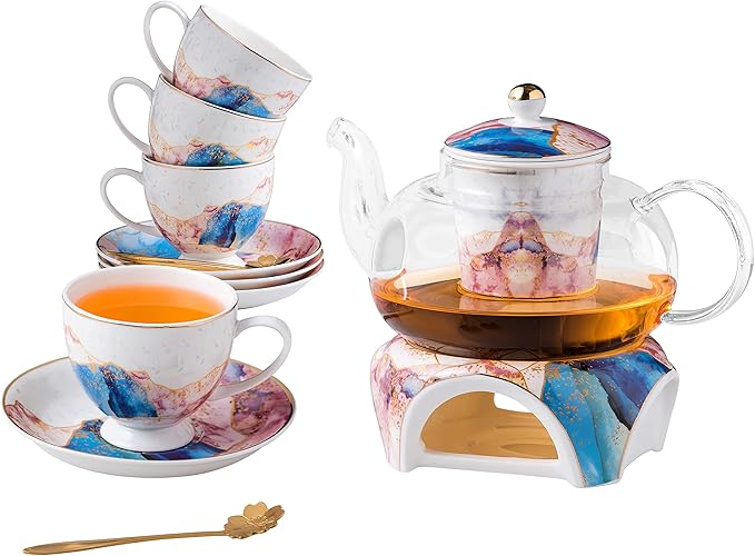 Jusalpha Fine China Rainbow Galaxy Series Glass Tea Pot with Infuser-Teapot Warmer Teacup and Saucer Set with Spoon in Gift Box- 16 pcs in 1 set, (FD Glass pot set 08) - Bloomnest