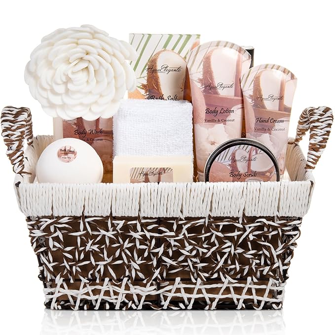 Spa Baskets For Women - Luxury Bath Set With Coconut & Vanilla - Spa Kit Includes Wash, Bubble Bath, Lotion, Bath Salts, Body Scrub, Hand Cream, Shower Puff, Bathbombs, Soap and Towel - Bloomnest