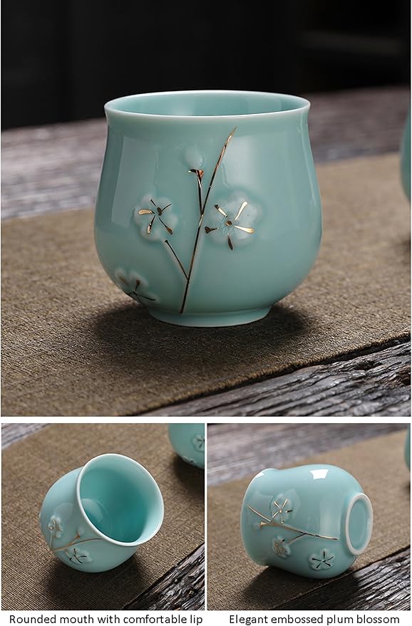 KEYDUACU Japanese Tea Set, Kiln-Formed Ceramic TeaSet, Plum Blossom Embossed, Includes 1 Teapot, 6 Teacups,Tea Tray,Strainer, Used for home, outdoor, gift, Chinese Kung Fu Tea Sets(FDMH-CYAN-MU) - Bloomnest