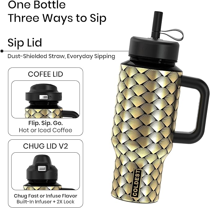 Coldest Tumbler with Handle & Coffee Lid - 100% Spill Proof Tumbler (3 Lids) - Stainless Steel Insulated Leakproof Tumblers for Women & Men - Cup Holder Friendly - 24 oz (Gold Dragon) - Bloomnest
