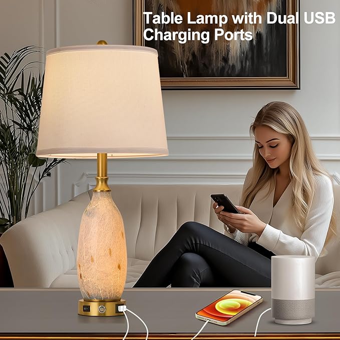 AIDENOEY 26" Modern Art Glass Table & Bedside Lamp, Stepless Dimmable Base + Dimmable 3-Color Light, USB A/C Charging Ports, Touch Control & Switch for Bedroom, Living Room, Office, Study - Bloomnest