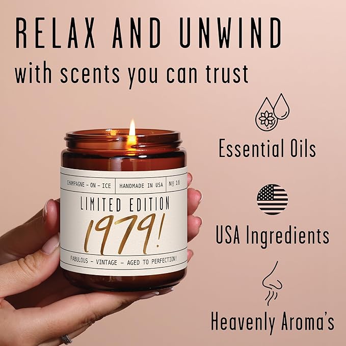 46th Birthday Gifts for Women - 'Limited Edition 1979' Soy Candle, w/Champagne on Ice I 46 Birthday Gifts for Women I 46th Gift for Her Ideas I 9oz Reusable Jar, 50Hr Burn, Made in USA - Bloomnest
