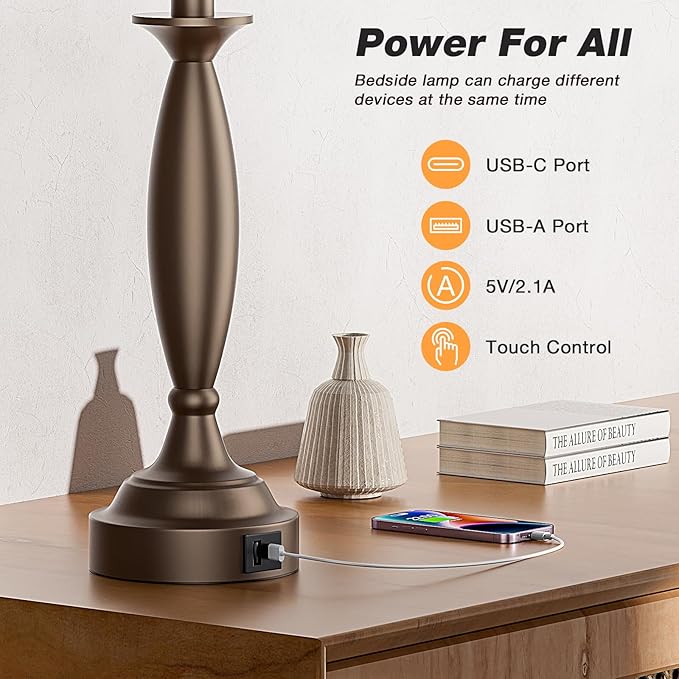 Seealle White Brown Lamps for Bedrooms Set of 2 - Touch Control Bedside Lamp with USB C+A, 3 Way Dimmable Nightstand Lamps with USB Port, Table Lamp for Living Room(White Shade and Brown Base) - Bloomnest