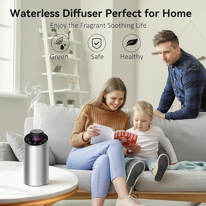Waterless Essential Oil Diffuser Aromatherapy Scent Diffusers for Home Large Room, Bedroom, Car, Office, Desk, Battery Operated Mini Portable Air Freshener, 3 Countdown Timers & 3 Mist Levels, Silver - Bloomnest