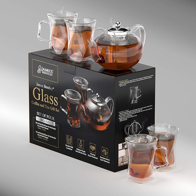 40 Oz Unique Glass teapot Set with 4 double wall insulated Cups, Tea Kettles for Stovetop With Infusers For Loose Tea, Perfect Mom Gift - Bloomnest