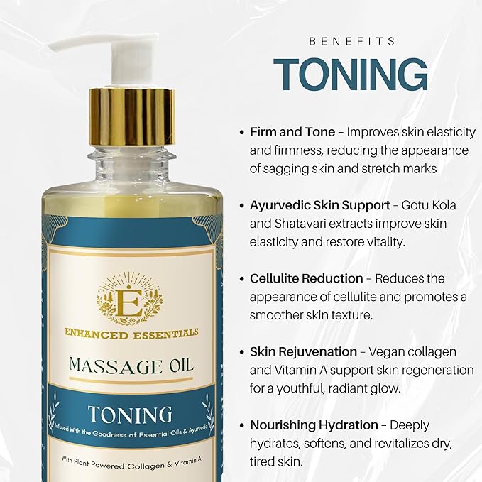 Luxurious Toning Body Massage Oil with Ayurvedic Extracts, Vitamin A & Vegan Collagen | Firms, Nourishes & Uplifts Skin | Fast-Absorbing, Non-Greasy | No Artificial Fragrance| 500ml (16.9 fl oz)