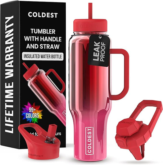 Coldest Tumbler with Handle and Straw, 100% Spill Proof Tumbler with Straw (3 Lids), Stainless Steel Insulated Leakproof Tumblers for Women & Men, Cup Holder Friendly, 46 oz (Strawberry Nova) - Bloomnest