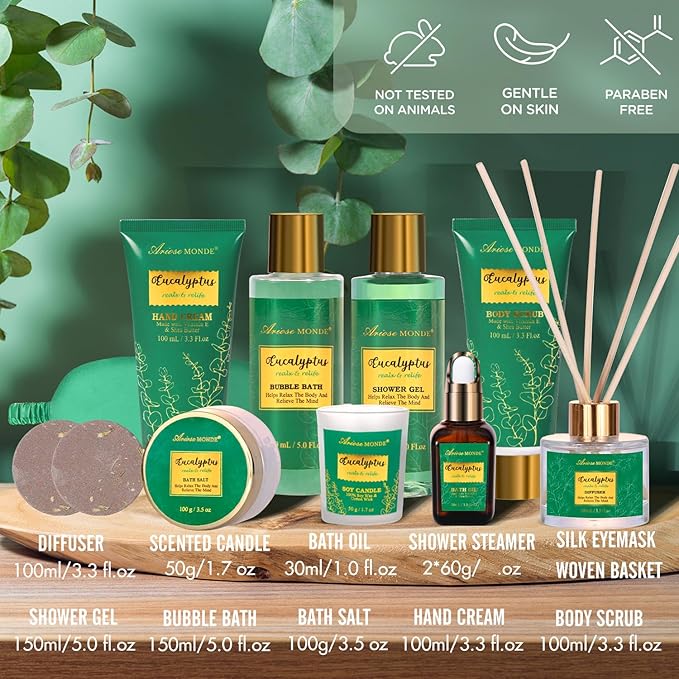 Gift Baskets for her, Spa Gifts for Women-13pcs Eucalyptus At Home Spa Kit with Body Salt, Bubble Bath. Relaxing Bath Sets for Women Gift, Birthday Gifts for Women, Mothers Day Gifts for Mom - Bloomnest